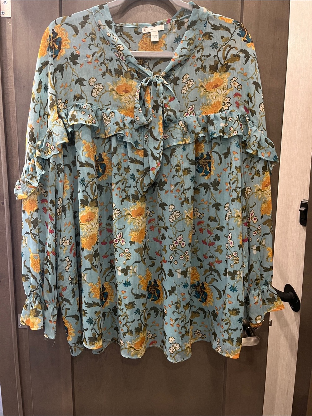 Bluish green Floral Ruffle Tie-Neck Blouse.